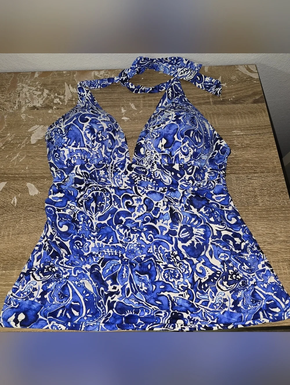 Lauren Ralph Lauren LRL Blue White Floral Print Halter Tankini Top 14 or L XL